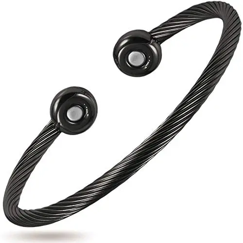 MagnetRX® Magnetic Therapy Bracelet Cuff - Twisted Cable Stainless Steel Bangle Magnetic Bracelets for Pain Relief, Balance & Energy - Elegant Golf Bracelet for Men & Women (Black | Medium)