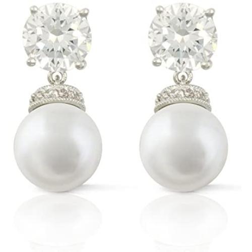 JanKuo Jewelry Rhodium Plated Cubic Zirconia Simulated Pearl Dangle Earrings