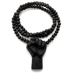 Shiny Jewelers USA Mens Power FIST Natural Wood Black Multicolor Wooden Bead Chain Necklace