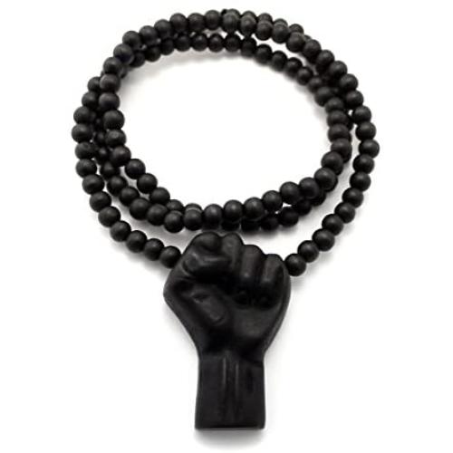 Shiny Jewelers USA Mens Power FIST Natural Wood Black Multicolor Wooden Bead Chain Necklace