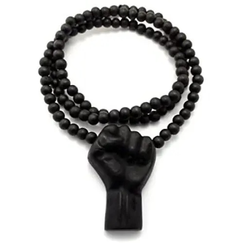 Shiny Jewelers USA Mens Power FIST Natural Wood Black Multicolor Wooden Bead Chain Necklace