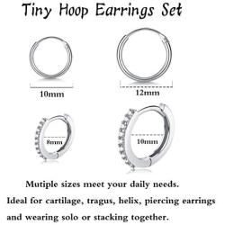 Small Sterling Silver Hoop Earrings for Women Men Girls, 4 Pairs Tiny Cubic Zirconia Huggie Earrings Set | Mini Hypoallergenic Cartilage CZ Tragus Helix Piercing Earrings 8mm 10mm 12mm