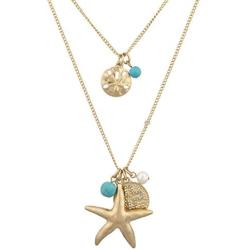 LUX ACCESSORIES Nautical Goldtone and Turq Starfish Pearl Cross Layered Necklace