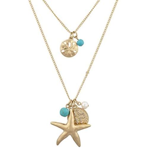 LUX ACCESSORIES Nautical Goldtone and Turq Starfish Pearl Cross Layered Necklace