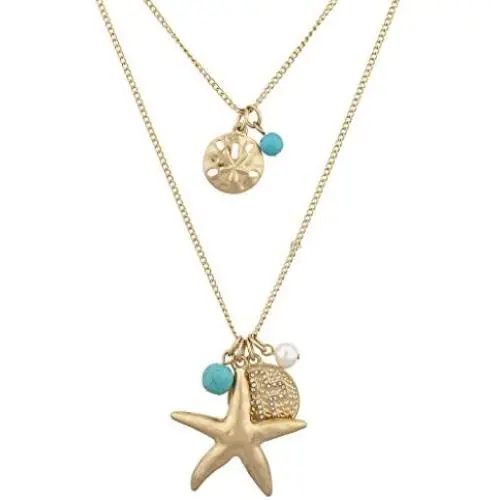 LUX ACCESSORIES Nautical Goldtone and Turq Starfish Pearl Cross Layered Necklace LUX ACCESSORIES Nautical Goldtone and Turq Starfish Pearl Cross Layered Necklace
