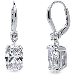 BERRICLE Rhodium Plated Sterling Silver Oval Cut Cubic Zirconia CZ Solitaire Leverback Anniversary Fashion Dangle Drop Earrings