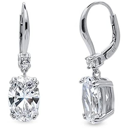 BERRICLE Rhodium Plated Sterling Silver Oval Cut Cubic Zirconia CZ Solitaire Leverback Anniversary Fashion Dangle Drop Earrings