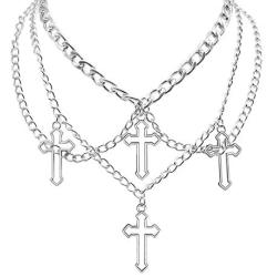 HMIXN Punk Chain Chokers Pendants for Women E Girl, Silver Color Alloy Hollow Cross Layered Choker Necklaces