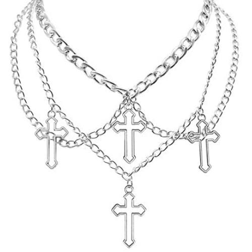 HMIXN Punk Chain Chokers Pendants for Women E Girl, Silver Color Alloy Hollow Cross Layered Choker Necklaces