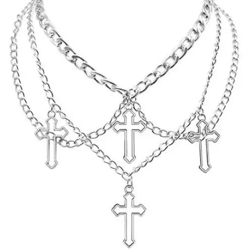 HMIXN Punk Chain Chokers Pendants for Women E Girl, Silver Color Alloy Hollow Cross Layered Choker Necklaces