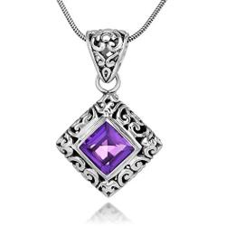 Sterling Silver Filigree Gemstone Square Pendant Necklace w/ 18'' Silver Chain