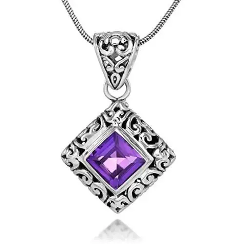 Sterling Silver Filigree Gemstone Square Pendant Necklace w/ 18'' Silver Chain