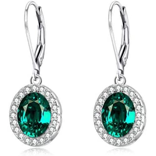 AOBOCO Halo Earrings Sterling Silver Leverback Earrings Embellished with Crystal from Austria, Hypoallergenic Dangle Drop Earrings, Fine Jewelry Gifts for Women