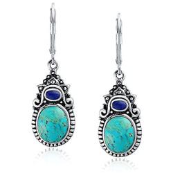 Southwestern Style Multi Stones Stabilized Turquoise Oval Lapis Leverback Dangle Earrings For Women 925 Sterling Silver