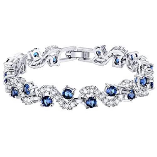 Feraco Blue Tennis Cubic Zirconia Bracelet for Mom Daughter Womens Classic 14K Plated Sapphire Bangle Crystal Jewelry Gifts