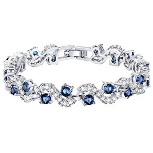 Feraco Blue Tennis Cubic Zirconia Bracelet for Mom Daughter Womens Classic 14K Plated Sapphire Bangle Crystal Jewelry Gifts