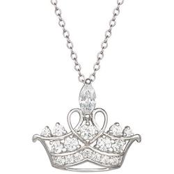 Disney Princess Tiara Sterling Silver Cubic Zirconia Jeweled Crown Necklace 18''