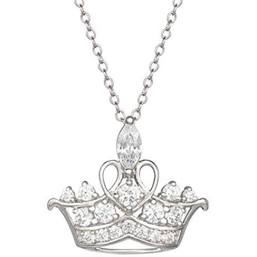Disney Princess Tiara Sterling Silver Cubic Zirconia Jeweled Crown Necklace 18''