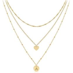 Dainty Layered Initial Choker Necklaces Handmade 14K Gold Plated Tiny Heart Personalized Letter Disc Pendant Adjustable Chain Layering Gold Necklaces for Women Girls Gift Jewelry