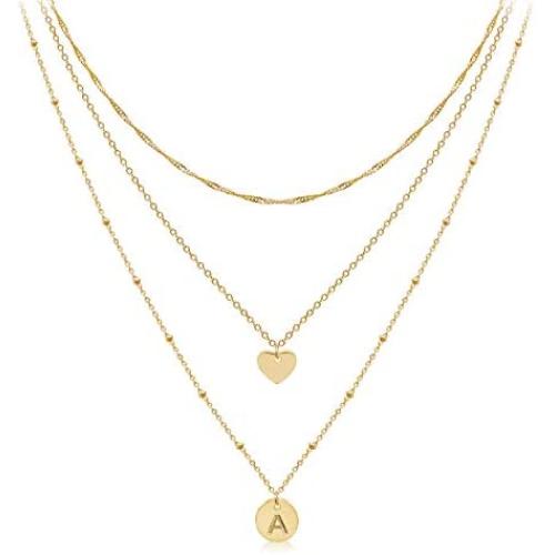 Dainty Layered Initial Choker Necklaces Handmade 14K Gold Plated Tiny Heart Personalized Letter Disc Pendant Adjustable Chain Layering Gold Necklaces for Women Girls Gift Jewelry