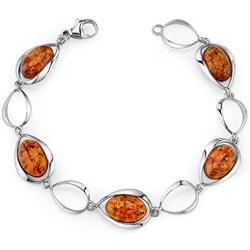 Peora Genuine Baltic Amber Bracelet for Women in Sterling Silver, Rich Cognac Color, Floating Oval Shape, 7 1/2 inches Length