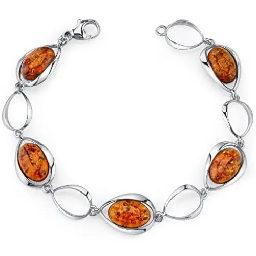 Peora Genuine Baltic Amber Bracelet for Women in Sterling Silver, Rich Cognac Color, Floating Oval Shape, 7 1/2 inches Length Peora Genuine Baltic Amber Bracelet for Women in Sterling Silver, Rich Cognac Color, Floating Oval Shape, 7 1/2 inches Length