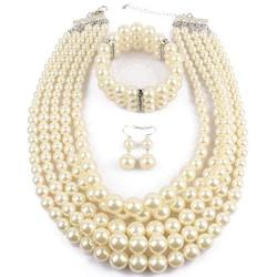 Fodattm Women Lady Multi Layer Imitation Pearl Strand Cluster with Necklace Bracelet and Earrings Set Elegant Costume Jewelry Sets