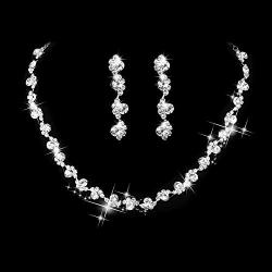 Unicra Bride Silver Necklace Earrings Set Crystal Bridal Wedding Jewelry Set Rhinestone Choker Necklace for Women and Girls (3 piece set - 2 earrings and 1 necklace)(Silver)
