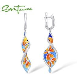 Santuzza 925 Sterling Silver Handmade Colorful Enamel Earrings For Woman Elegant Orange Flower Spiral Shape Shiny Cubic Zirconia Drop Earrings Fashion Jewelry