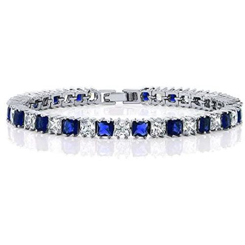 Gem Stone King 15.00 Cttw Princess Cut Blue and White Cubic Zirconia CZ Women Tennis Bracelet 7 Inch