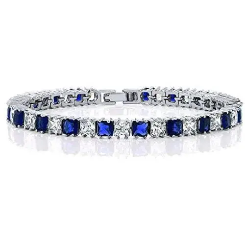 Gem Stone King 15.00 Cttw Princess Cut Blue and White Cubic Zirconia CZ Women Tennis Bracelet 7 Inch