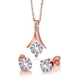 Gem Stone King 3.65 Ct Created Sapphire White Diamond 18K Rose Gold Plated Silver Jewelry Set with 18 Inch Chain