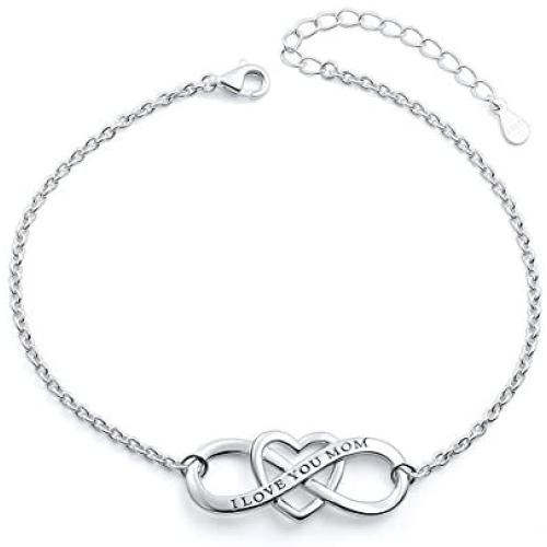 S925 Sterling Silver I Love You Mom Heart Infinity Bracelet for Mother Mama Mommy Mum Birthday Jewelry