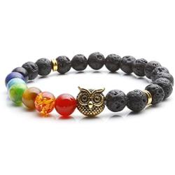 Top Plaza 7 Chakra Stone Bead Bracelet Lava Rock Stone Diffuser Bracelet Reiki Healing Crystals Yoga Meditation Anxiety Stretch Bracelets Owl Gifts for Women Men