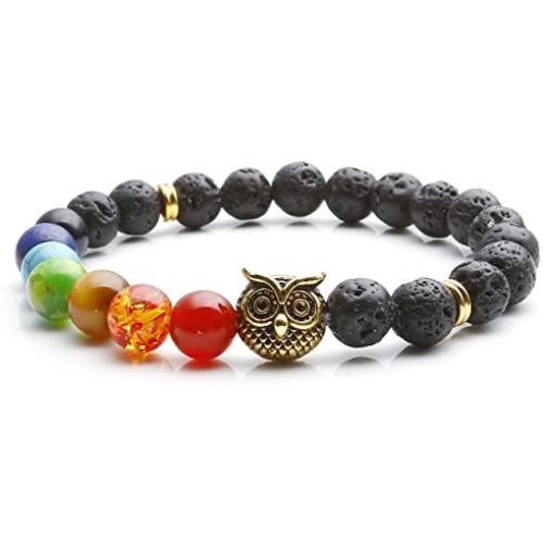 Top Plaza 7 Chakra Stone Bead Bracelet Lava Rock Stone Diffuser Bracelet Reiki Healing Crystals Yoga Meditation Anxiety Stretch Bracelets Owl Gifts for Women Men