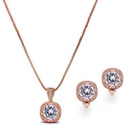 Mariell Rose Gold Necklace & Clip On Earrings Jewelry Set, 10mm Pave Halos with Round CZ Solitaires