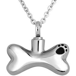 LuckyJewelry Pet Paw Prints Dog Bone Pendant Necklace Memorial Ashes Keepsake - Cremation Jewelry