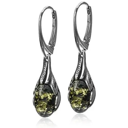 Sterling Silver Green Amber Dangle Leverback Earrings Sterling Silver Green Amber Dangle Leverback Earrings