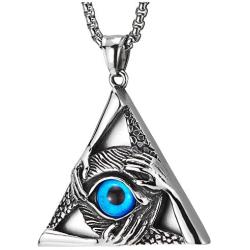 COOLSTEELANDBEYOND Steel Vintage Evil Eye Protection Hands Triangle Pendant Necklace for Men Women 30 Inch Wheat Chain