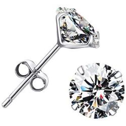Cubic Zirconia Hypoallergenic Stud Earrings for Women Men Girls, BAMOER Sterling Silver with 14K White Gold Multi-Element Earring