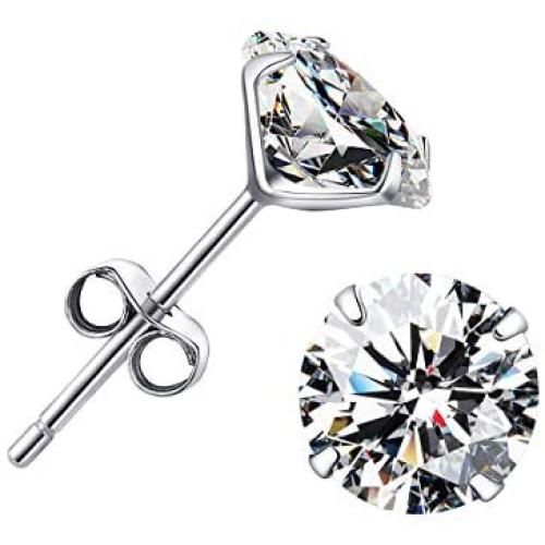 Cubic Zirconia Hypoallergenic Stud Earrings for Women Men Girls, BAMOER Sterling Silver with 14K White Gold Multi-Element Earring