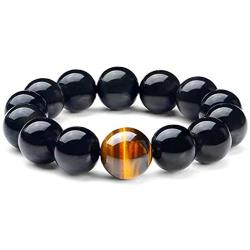 Rustenhof Black Obsidian Bracelet Natural Stone Tiger Eye Bracelets with a Unique Match 10MM or 12MM Beads Good Gift for Men and Women