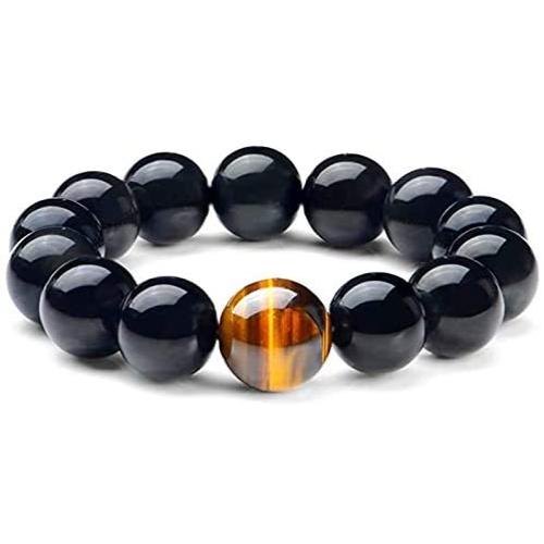Rustenhof Black Obsidian Bracelet Natural Stone Tiger Eye Bracelets with a Unique Match 10MM or 12MM Beads Good Gift for Men and Women