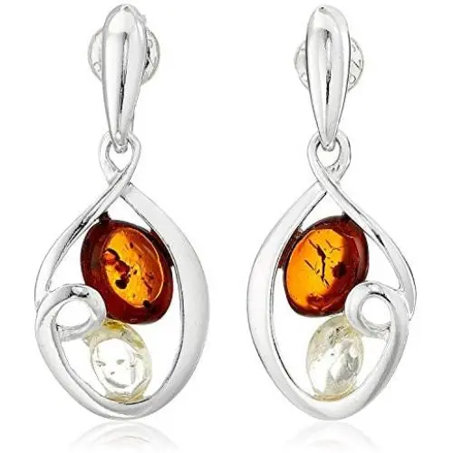 Sterling Silver Multi-Color Amber Oval Dangle Earrings Sterling Silver Multi-Color Amber Oval Dangle Earrings