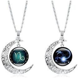 BELUCKIN Vintage Silver Horoscope Zodiac 12 Constellation Astrology Galaxy & Crescent Moon Glass Bead Pendant Necklace Jewelry Set