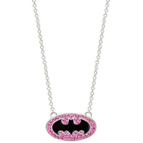 DC Comics Batgirl Silver Plated Black Logo Rose Crystal Pendant, 18''