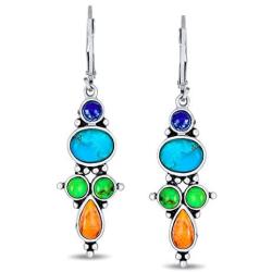Southwestern Style Multi Stone Sterling Silver Lapis Stabilized Turquoise Orange Coral Dangle Earrings For Women