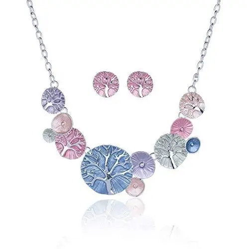 Women/Girls Necklace Earring Sets Silver Plated, Flowers/Tree of Life/Pink/Layered Necklace Jewelry Sets with Gift Box, 16‘’-18'' Length with a 2'' Extension