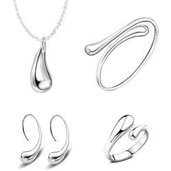 MA&SN 4 Pieces Jewelry Set S925 Sterling Silver Water Drop Shape Earrings Bangle Necklace Ring Women Girl Gift