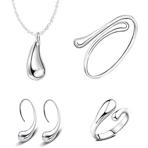 MA&SN 4 Pieces Jewelry Set S925 Sterling Silver Water Drop Shape Earrings Bangle Necklace Ring Women Girl Gift